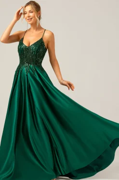 Sparkly Dark Green A-Line Spaghetti Straps Long Prom Dress with Pockets