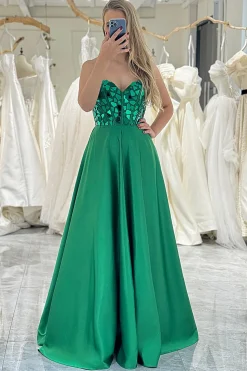 Sparkly Dark Green A-line Strapless Corset Prom Dress