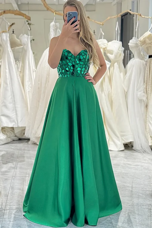 Sparkly Dark Green A-line Strapless Corset Prom Dress