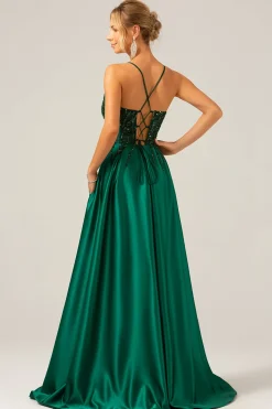 Sparkly Dark Green A-Line Spaghetti Straps Long Prom Dress with Pockets