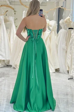 Sparkly Dark Green A-line Strapless Corset Prom Dress