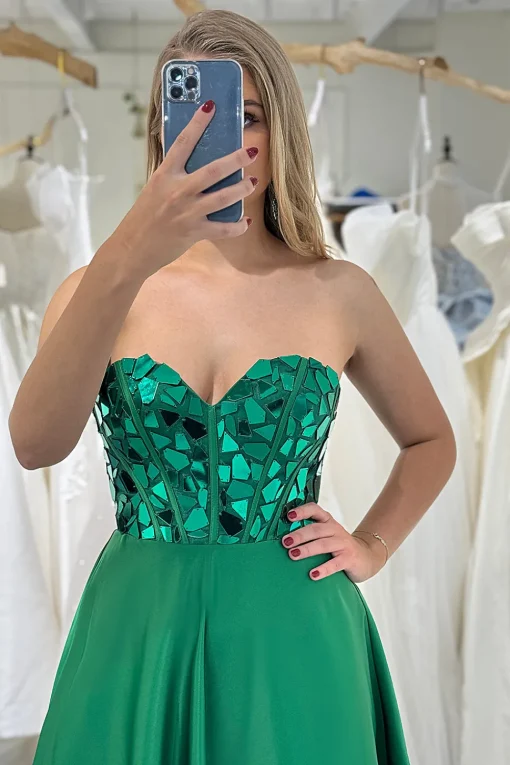 Sparkly Dark Green A-line Strapless Corset Prom Dress