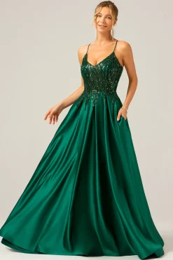 Sparkly Dark Green A-Line Spaghetti Straps Long Prom Dress with Pockets