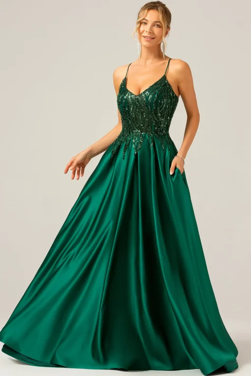 Sparkly Dark Green A-Line Spaghetti Straps Long Prom Dress with Pockets