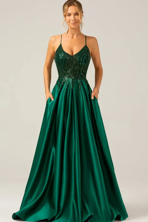 Sparkly Dark Green A-Line Spaghetti Straps Long Prom Dress with Pockets