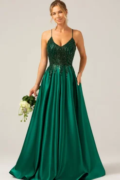 Sparkly Dark Green A-Line Spaghetti Straps Long Prom Dress with Pockets