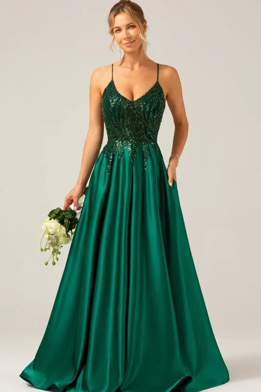 Sparkly Dark Green A-Line Spaghetti Straps Long Prom Dress with Pockets