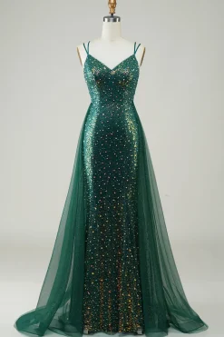 Sparkly Dark Green Beaded Long Prom Dress