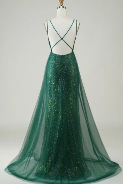 Sparkly Dark Green Beaded Long Prom Dress