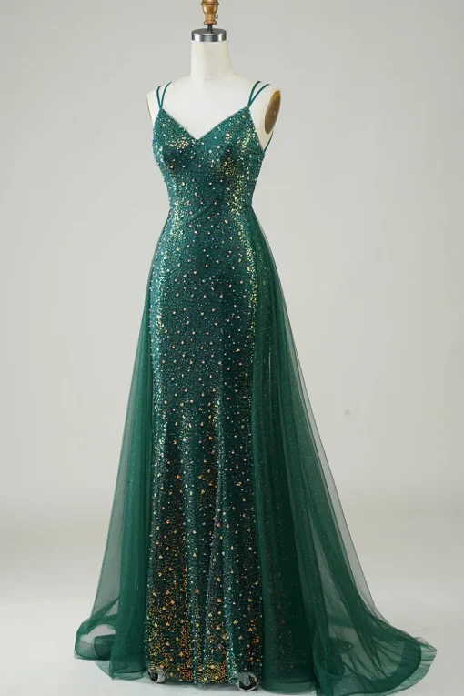 Sparkly Dark Green Beaded Long Prom Dress