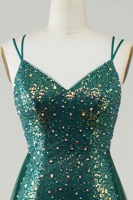 Sparkly Dark Green Beaded Long Prom Dress