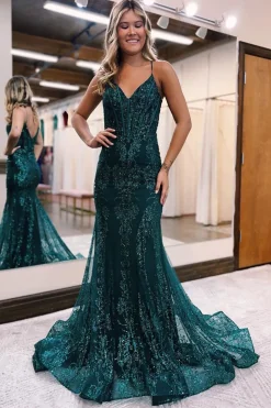 Sparkly Dark Green Mermaid Sequin Long Prom Dress