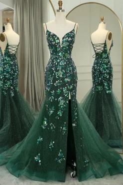 Sparkly Dark Green Mermaid Spaghetti Straps Beaded Prom Dress With Split