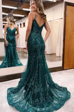 Sparkly Dark Green Mermaid Sequin Long Prom Dress
