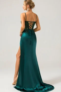 Sparkly Dark Green Mermaid Sequin Pleated Corset Long Prom Dress with Slit