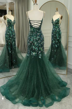 Sparkly Dark Green Mermaid Spaghetti Straps Beaded Prom Dress With Split