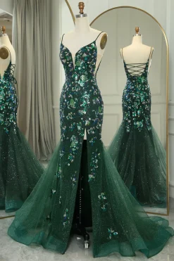 Sparkly Dark Green Mermaid Spaghetti Straps Beaded Prom Dress With Split