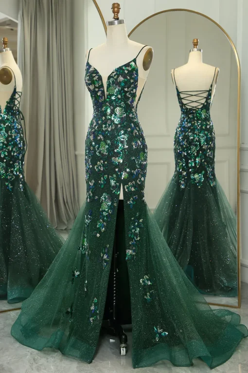 Sparkly Dark Green Mermaid Spaghetti Straps Beaded Prom Dress With Split