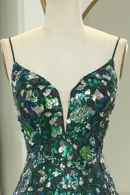 Sparkly Dark Green Mermaid Spaghetti Straps Beaded Prom Dress With Split