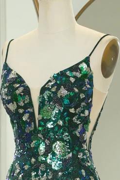 Sparkly Dark Green Mermaid Spaghetti Straps Beaded Prom Dress With Split