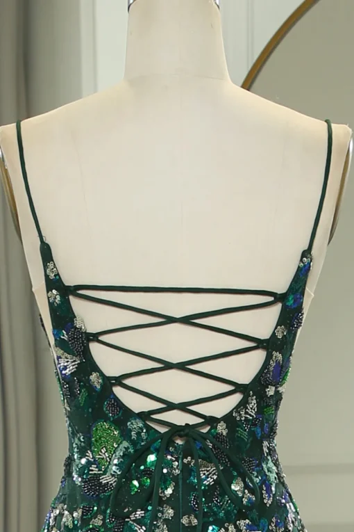 Sparkly Dark Green Mermaid Spaghetti Straps Beaded Prom Dress With Split