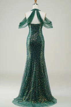 Sparkly Dark Green Sequin Mermaid Long Prom Dress
