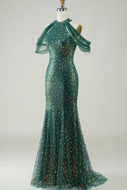 Sparkly Dark Green Sequin Mermaid Long Prom Dress