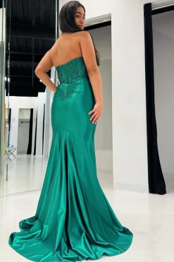 Sparkly Dark Green Strapless Mermaid Prom Dress with Slit