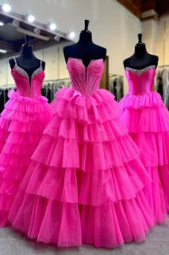 Sparkly Fuchsia Corset Tiered Strapless Long Prom Dress