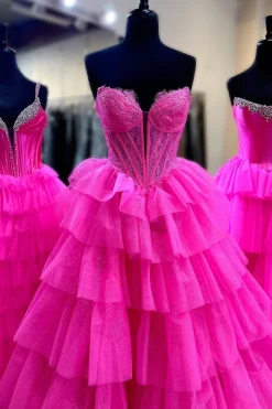 Sparkly Fuchsia Corset Tiered Strapless Long Prom Dress