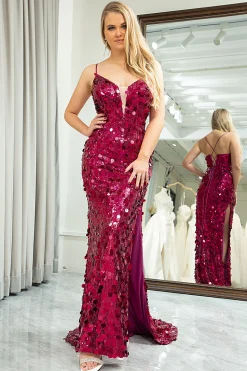 Sparkly Fuchsia Mermaid Spaghetti Straps Sequin Long Prom Dress with Slit