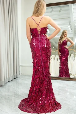 Sparkly Fuchsia Mermaid Spaghetti Straps Sequin Long Prom Dress with Slit