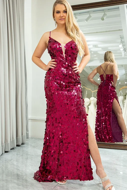 Sparkly Fuchsia Mermaid Spaghetti Straps Sequin Long Prom Dress with Slit