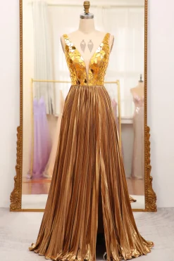 Sparkly Golden A-line V-neck Long Pleated Prom Dress with Slit