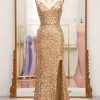 Sparkly Golden Mermaid Long Prom Dress with Slit