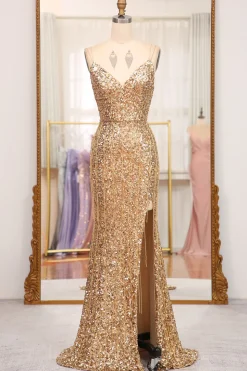 Sparkly Golden Mermaid Long Prom Dress with Slit
