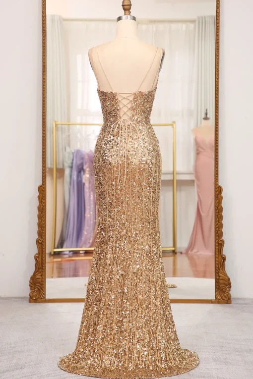 Sparkly Golden Mermaid Long Prom Dress with Slit