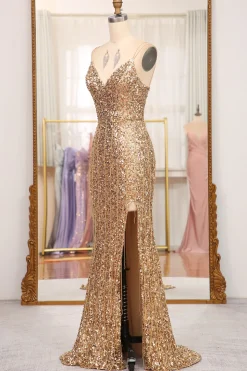 Sparkly Golden Mermaid Long Prom Dress with Slit