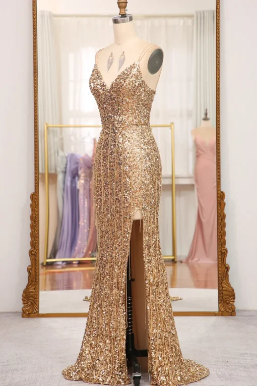 Sparkly Golden Mermaid Long Prom Dress with Slit