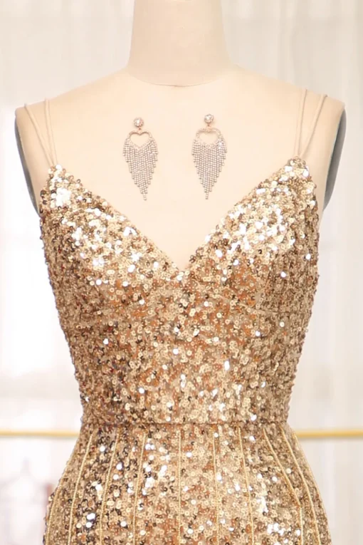 Sparkly Golden Mermaid Long Prom Dress with Slit