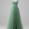 Sparkly Green A-Line Spaghetti Straps Corset Prom Dress With Appliques