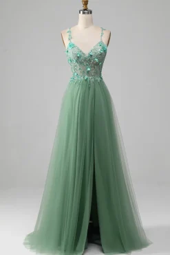 Sparkly Green A-Line Spaghetti Straps Corset Prom Dress With Appliques