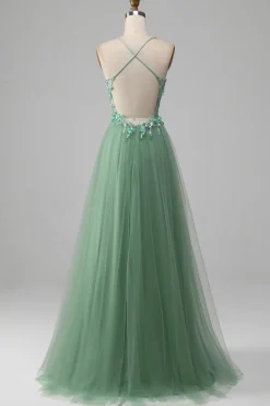 Sparkly Green A-Line Spaghetti Straps Corset Prom Dress With Appliques