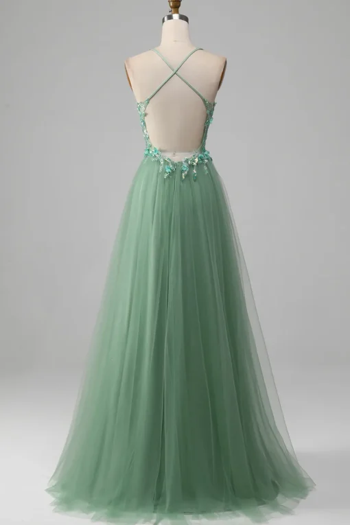 Sparkly Green A-Line Spaghetti Straps Corset Prom Dress With Appliques