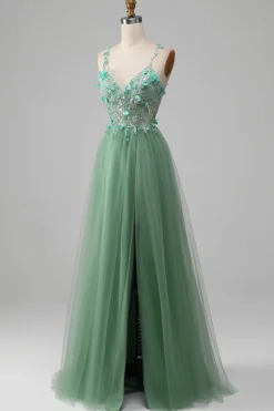 Sparkly Green A-Line Spaghetti Straps Corset Prom Dress With Appliques
