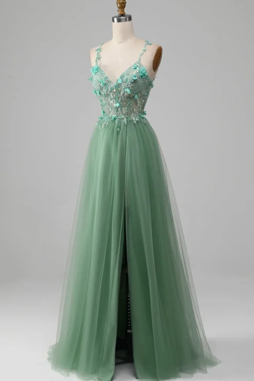 Sparkly Green A-Line Spaghetti Straps Corset Prom Dress With Appliques