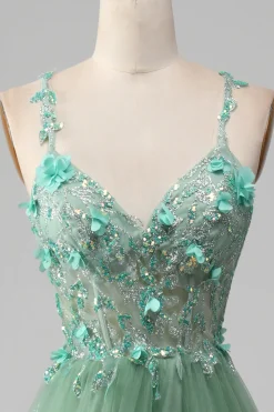 Sparkly Green A-Line Spaghetti Straps Corset Prom Dress With Appliques