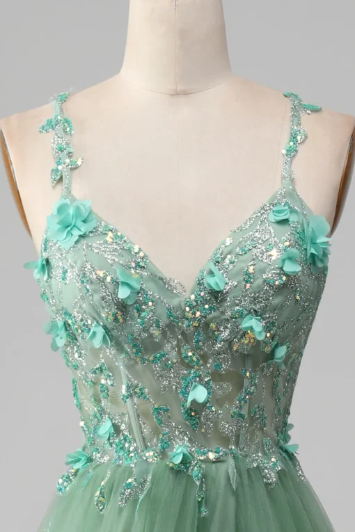 Sparkly Green A-Line Spaghetti Straps Corset Prom Dress With Appliques