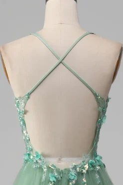 Sparkly Green A-Line Spaghetti Straps Corset Prom Dress With Appliques