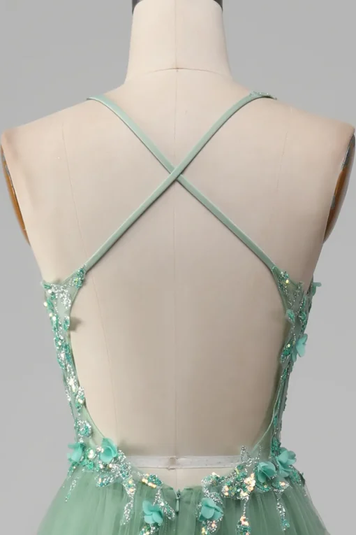 Sparkly Green A-Line Spaghetti Straps Corset Prom Dress With Appliques